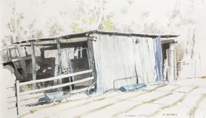 Watercolour of farm shed.